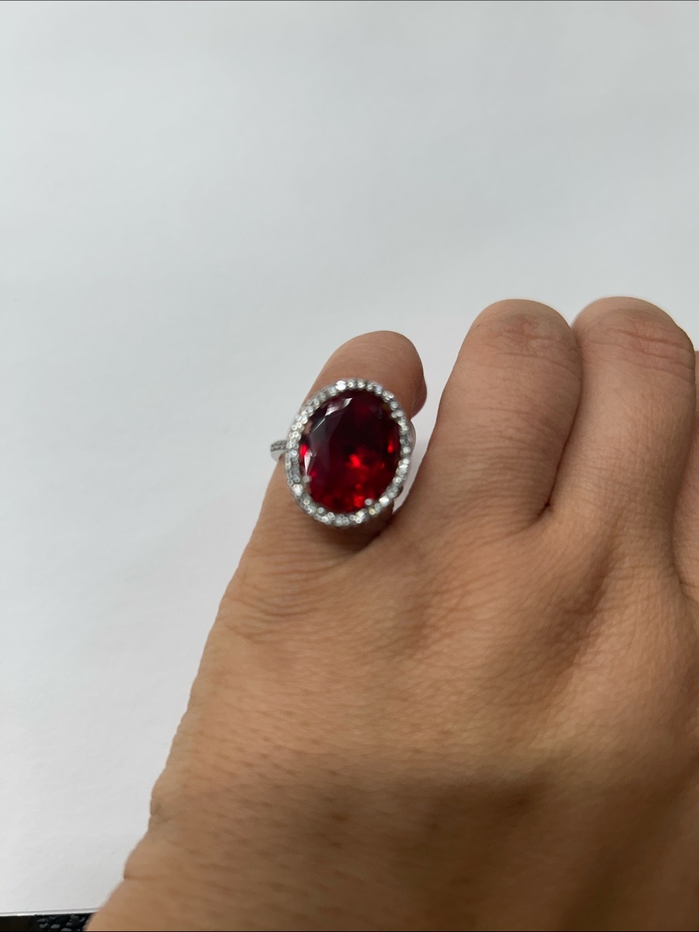 Red Oval Crystal Cocktail 925 Sterling Silver Ring w/ Clear Halo Size 6